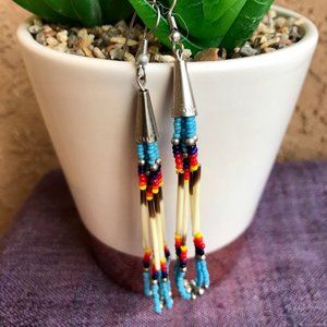 Vintage Porcupine Quill Beaded Native Drop Earrings
